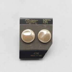 Trifari Cream Pearl Button Earrings With Surgical Steel Posts Made In USA
